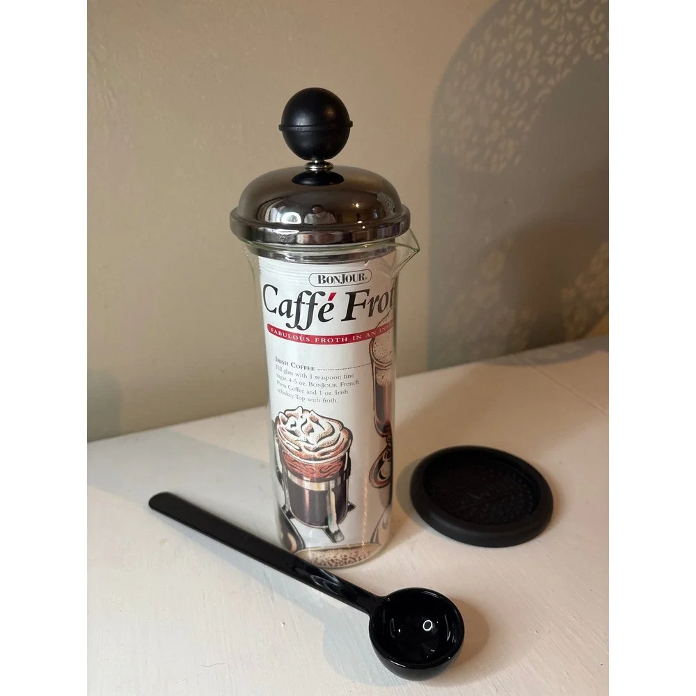 Bonjour Caffe Froth Manual Milk Frother 450ML Black Glass NEW Vintage 7001